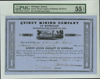 Quincy Mining Co. - 1852 dated Michigan Mining Stock Certificate - PMG Graded Stock. 55 EPQ About Uncirculated